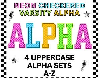 Neon Checkered Alpha Set, Neon Varsity Alpha, Checkered Alpha Set, Digital Download, Bright Doodle Alpha Set,Colorful Checkered Alpha,Trendy