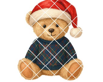 May include: A watercolour illustration of a teddy bear wearing a red Santa hat and a blue argyle sweater. The bear is sitting with its arms and legs outstretched, and has a friendly expression.