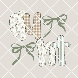 May include: A set of fabric letters spelling "aunt" with a duck and leaf pattern, a gingham pattern, and a striped pattern. The letters are decorated with green bows.