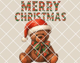 May include: A brown teddy bear wearing a red Santa hat and a green and red plaid scarf. The words "MERRY CHRISTMAS" are written above the bear in a plaid pattern. The background is a light beige colour with a white grid overlay.