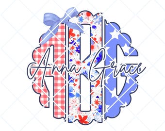 Aangepast 4 juli-monogram png, patriottisch monogram, gepersonaliseerd monogram, coquette-monogram, kindernaam 4 juli, Grandmillenial Preppy USA