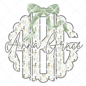 May include: A monogram with a green bow and a white background with a pattern of ducks. The monogram is for the name "Anna Grace".