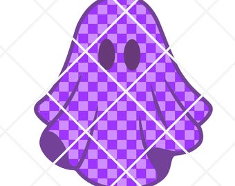 Op de afbeelding: Een paars cartoon spook met een geruit patroon en ovale ogen. Het spook heeft een eenvoudig, vriendelijk ontwerp, perfect voor Halloween-thema knutselen en decoraties.