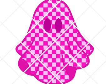 Op de afbeelding: Illustratie van een roze spook met een geruit patroon. Het spook heeft twee ovale ogen en een gebogen onderrand. De achtergrond is wit met een rasteroverlay.
