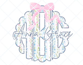Monograma de lazo floral (PNG), monograma Grandmillenial, monograma personalizado, monograma coqueto, monograma floral preppy, nombre de niña con lazos florales (PNG)