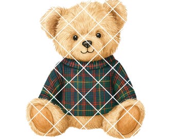 May include: A light brown teddy bear illustration wearing a green, red, and yellow plaid sweater. The bear has a friendly expression and is sitting with its legs outstretched. The background is white.