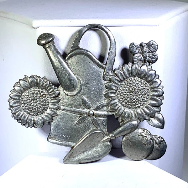 Spoontique Pewter Brooch Pin Watering Can Spade Flowers Sunflowers Vintage