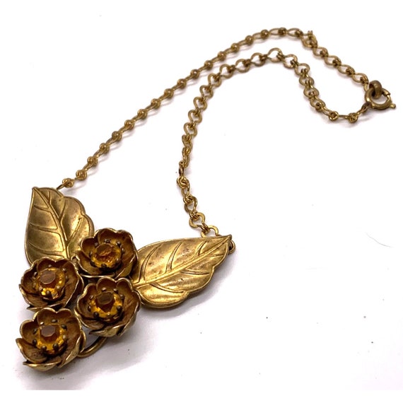 Necklace Brass Chain Pendant Flowers Leaves Rhine… - image 4