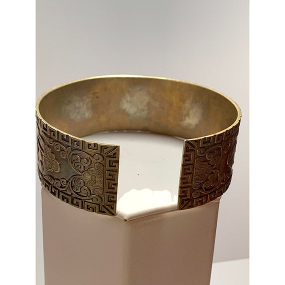 Vintage Brass Cuff Bracelet Etched Flowers Greek Key - Etsy display picture 1