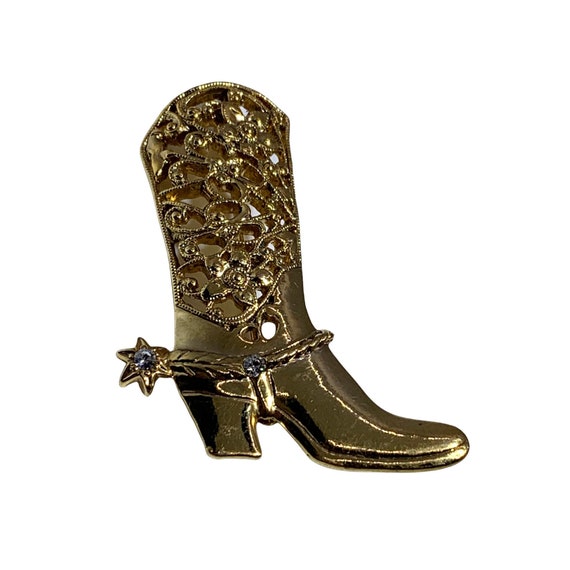 Cowgirl Cowboy Boot Brooch Gold Tone Filigree Rhi… - image 1