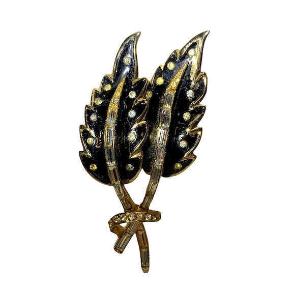 CORO Signed Vintage Black Brooch Enamel Rhineston… - image 1