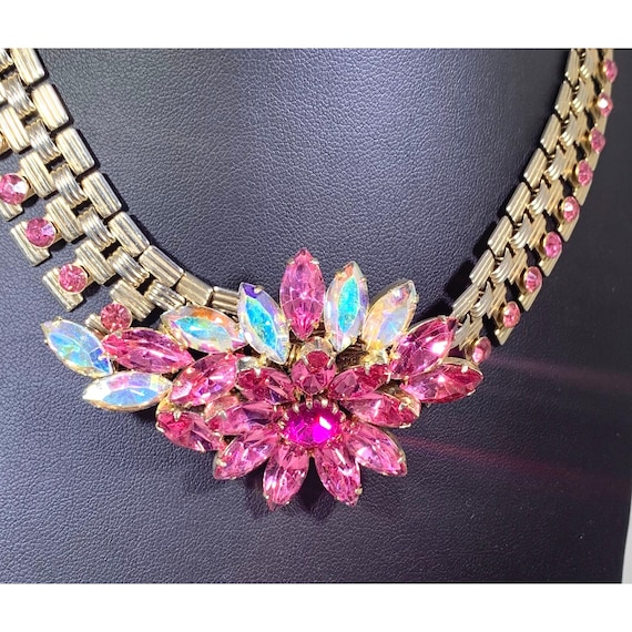 STAR Necklace Gold Tone Pink Rhinestones Aurora B… - image 2