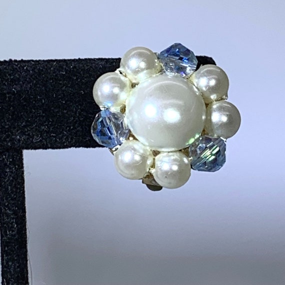 Boucles D'oreilles Clips Vintage - Perles Blanches Et Bleu Marine - Réf. 5774 - Occasion
