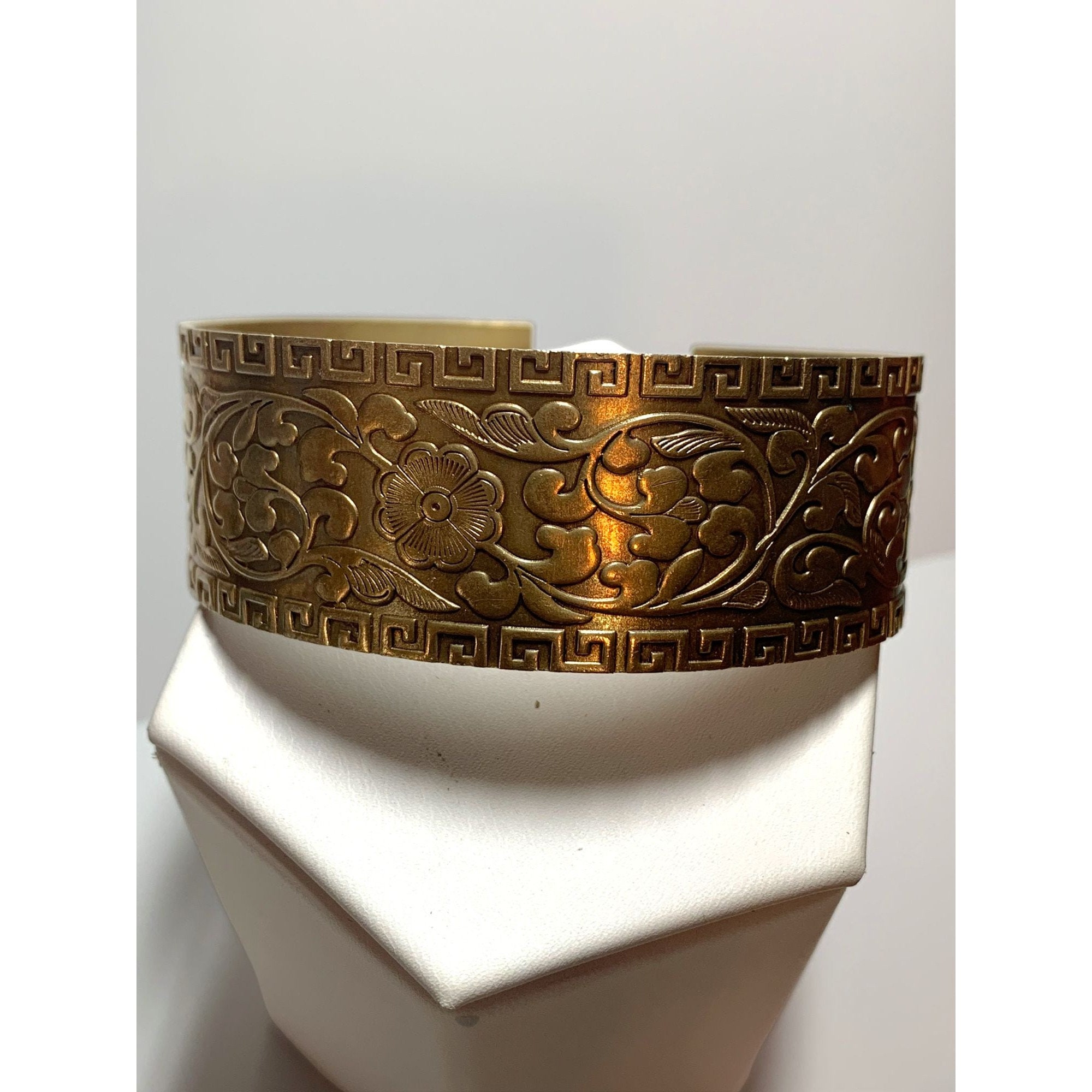 Vintage Brass Cuff Bracelet Etched Flowers Greek Key Etsy Norway