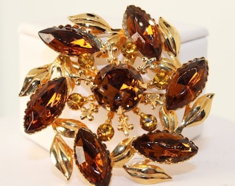 Vintage Brooch Brown Rhinestones Gold Floral Leaves