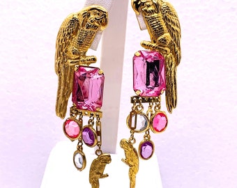 Vintage loro periquito pendientes perforados colgantes pedrería encantos oro rosa claro 2044