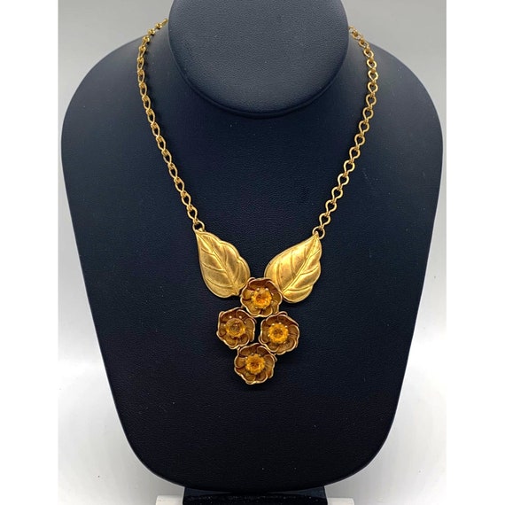 Necklace Brass Chain Pendant Flowers Leaves Rhine… - image 1