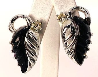 Earrings Clip On Vintage Leaf Motif Silver Tone Black Thermoplastic Celluloid Rhinestone