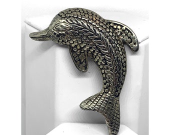 Vintage Silver Dolphin Brooch Pin with Etchings