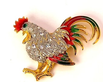 Rooster Brooch Clear and Green Rhinestones Enamel Gold Tone Setting