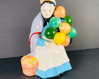 F&E CERAMICS Old Woman Balloons Flower Basket Ceramic Painted