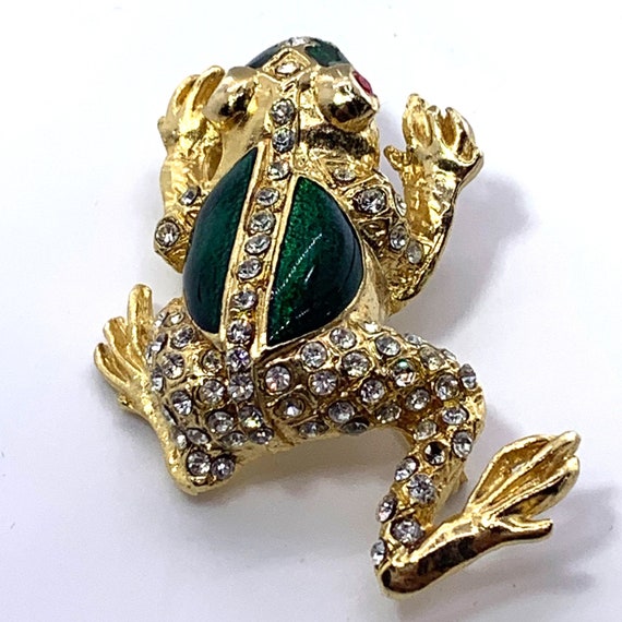 Pin Brooch Frog Gold Tone Green Enamel Red Rhines… - image 1