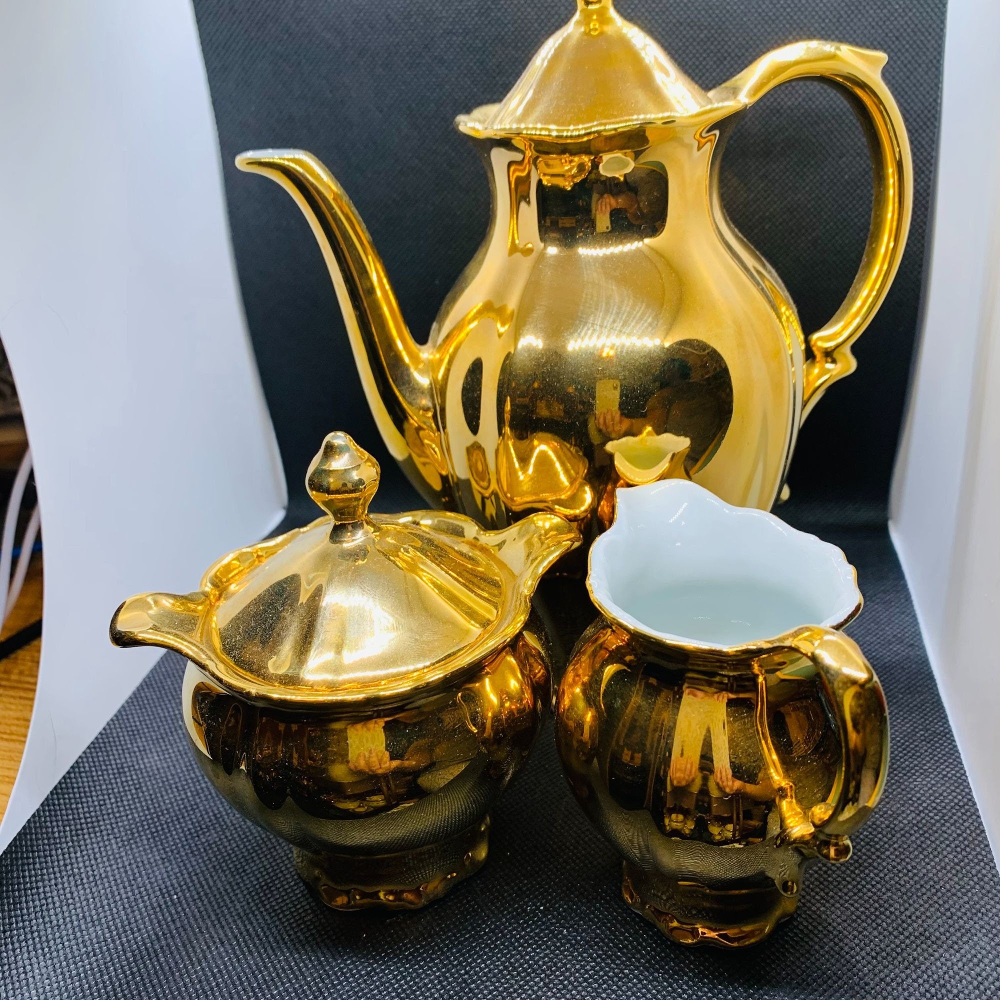 ST Bavaria Gemany China Gold Coffee Pot Sugar Creamer Set Signed