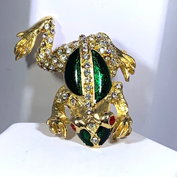 Pin Brooch Frog Gold Tone Green Enamel Red Rhines… - image 4