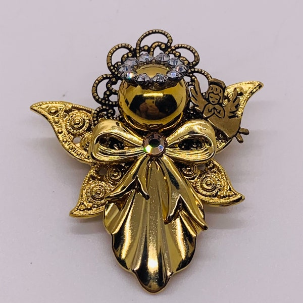 Angel Pin Brooch Vintage Gold Tone Rhinestone Halo 2074