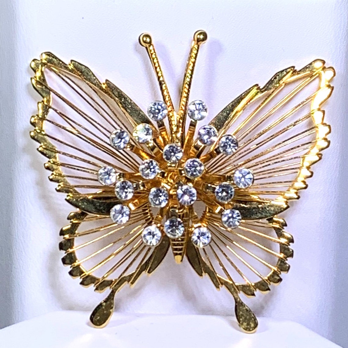 Butterfly Brooch Pin Gold Tone Rhinestones Vintage Signed Etsy