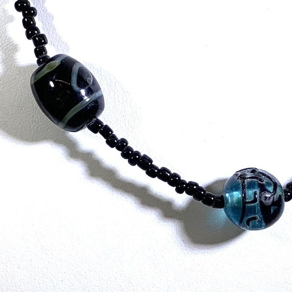 Necklace Beaded Handmade Blue Black Glass Beads - image 3