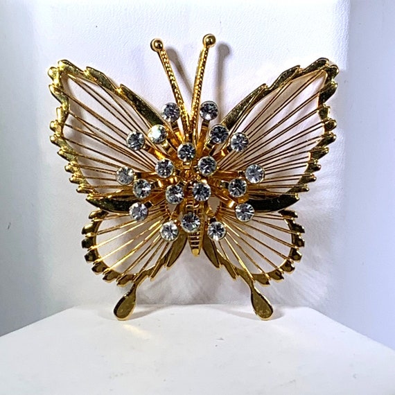 Monet Butterfly Brooch Pin Gold Tone Rhinestones … - image 6