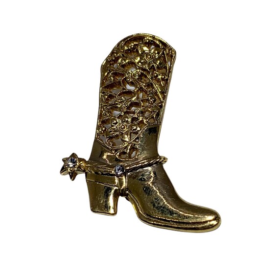 Cowgirl Cowboy Boot Brooch Gold Tone Filigree Rhi… - image 3