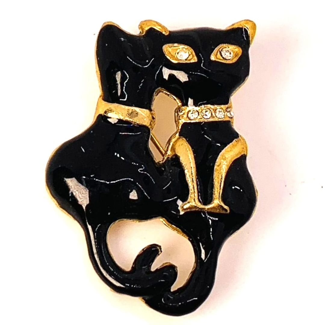 Vintage Cats Brooch Black Enamel Rhinestones Gold Tone - Etsy