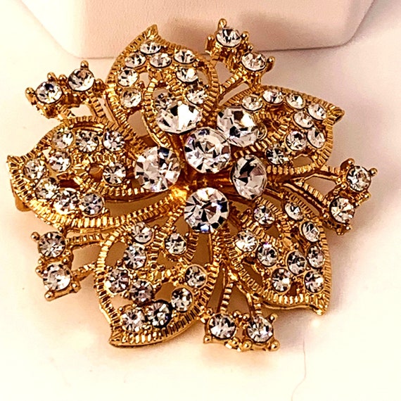 Brooch Pin Flower Sparkling Rhinestones Gold Tone… - image 1