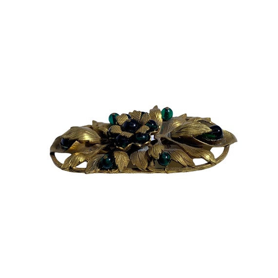 Vintage Floral Brooch Gold Tone Etching Green Gla… - image 2
