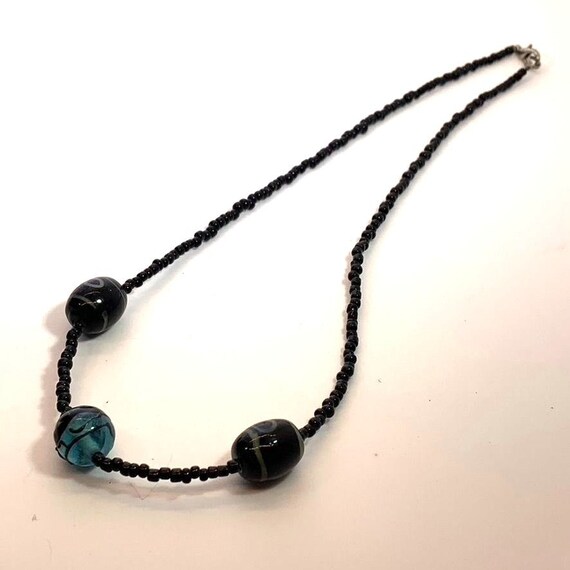 Necklace Beaded Handmade Blue Black Glass Beads - image 4