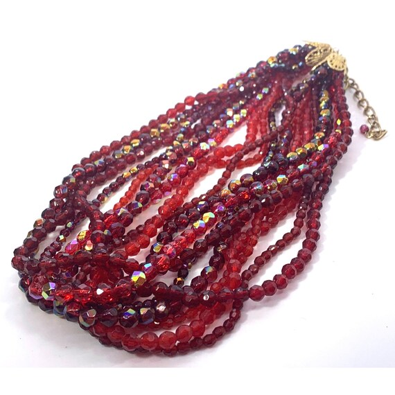 Necklace Red Cranberry Aurora Borealis Clear Bead… - image 3