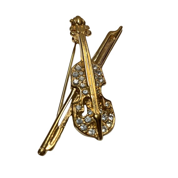 Vintage Rhinestone and Gold Violin and Bow Brooch… - image 2