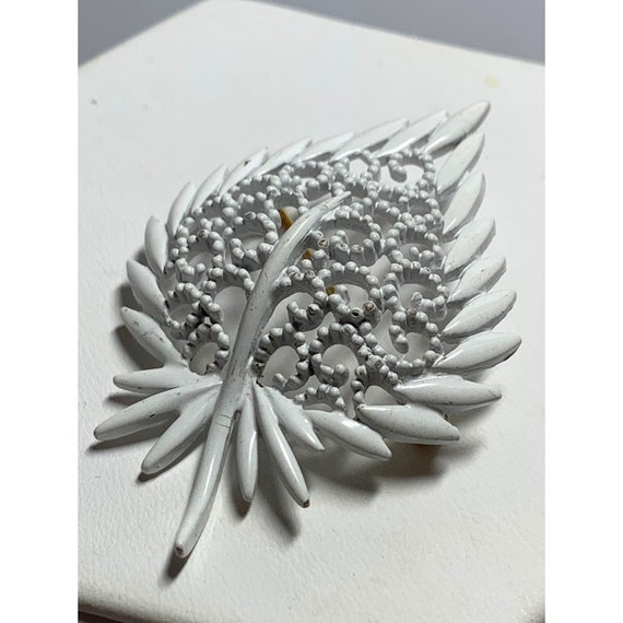 MONET Vintage White Open Metal Work Leaf Brooch - image 2