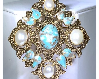 Sarah Coventry Brooch Pin Gold Tone Marbled Blue and Pearl Cabochons Vintage