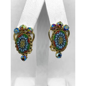 Vintage Clip Earrings Carved Multicolor Cabochons AB Rhinestones