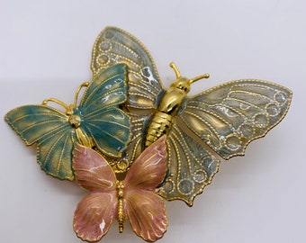 Broche de mariposa con diamantes de imitación incrustados en tono dorado rosa y azul 2068