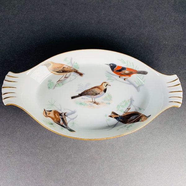 L.LOURIOUX Vintage Bakeware Birds Le Faune Porcelain Gold Rim