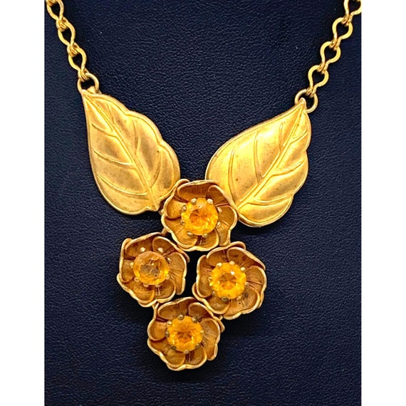 Necklace Brass Chain Pendant Flowers Leaves Rhine… - image 2