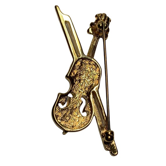 Vintage Rhinestone and Gold Violin and Bow Brooch… - image 5