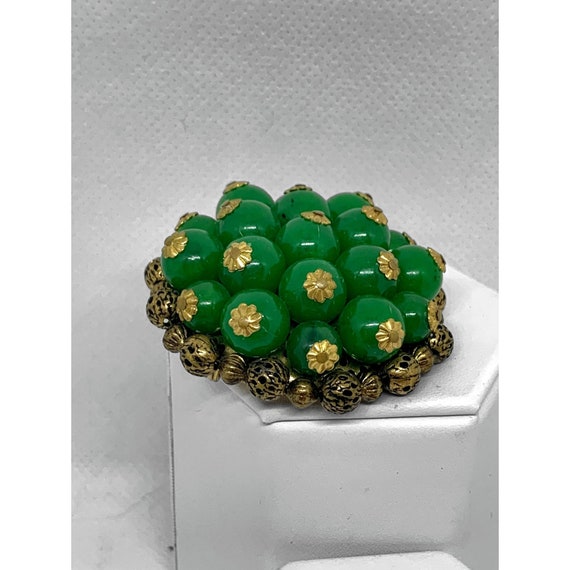 Vintage Green and Gold Beaded Brooch - image 3