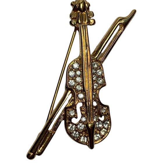 Vintage Rhinestone and Gold Violin and Bow Brooch… - image 1