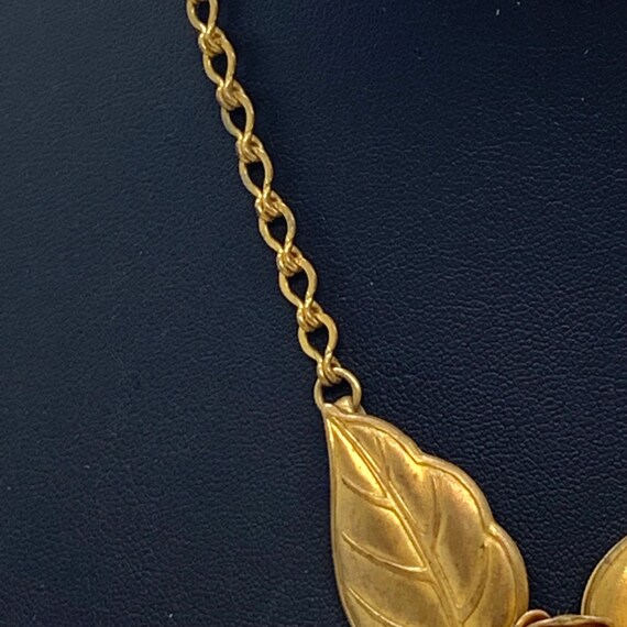 Necklace Brass Chain Pendant Flowers Leaves Rhine… - image 3