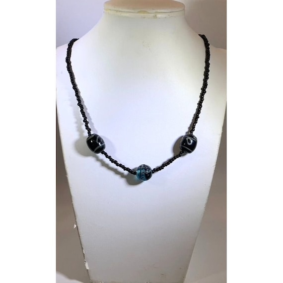 Necklace Beaded Handmade Blue Black Glass Beads - image 1